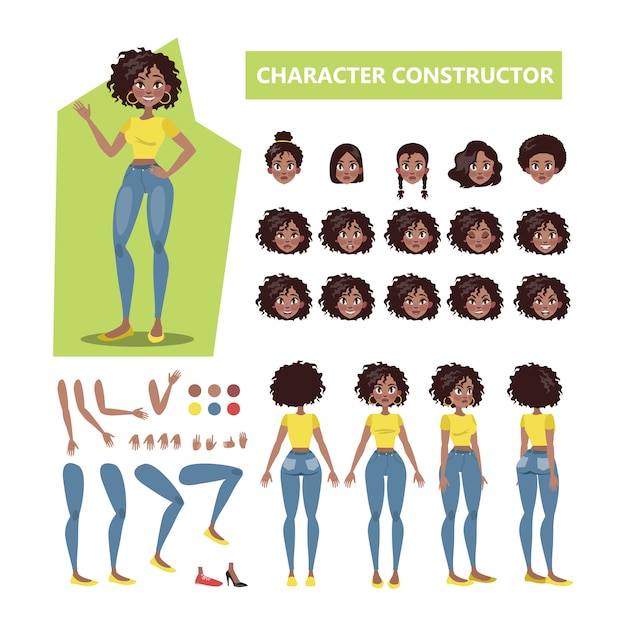 Vettore set di caratteri donna afro-americana per l'animazione con vari punti di vista, acconciature, emozioni, pose e gesti. illustrazione