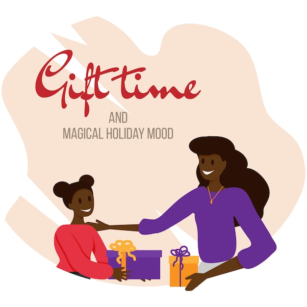 African American woman and child give gifts to each other