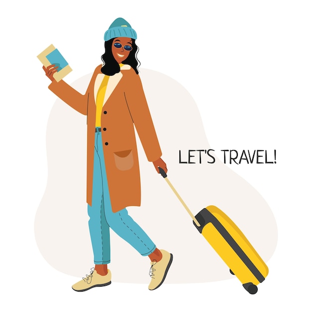 Vector african american woman in coat and knitted hat with a suitcase goes on vacation