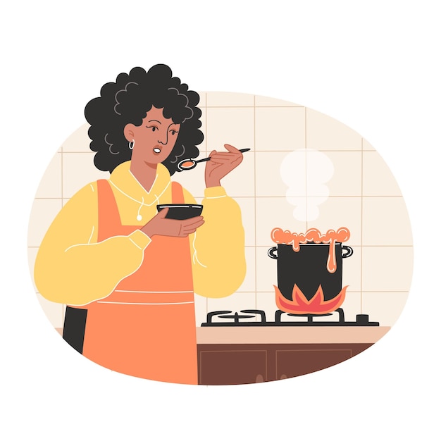 Vector african american woman cooking soup in a cozy kitchen