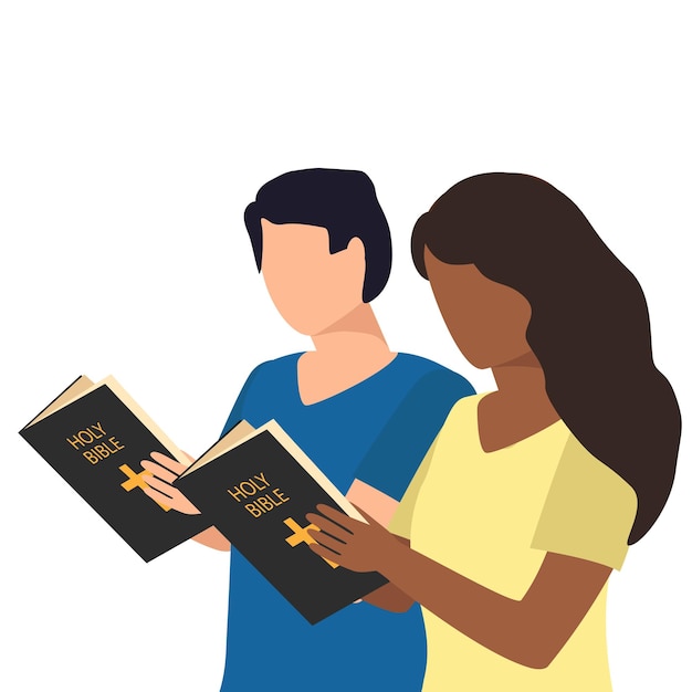 african american woman and european man read the holy bible in casual style. vector illustration.