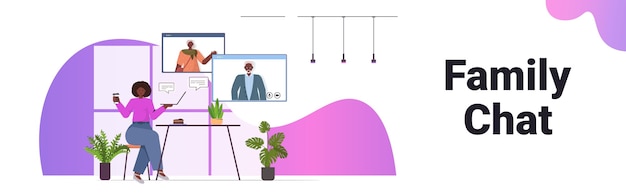 Vettore donna afroamericana che ha un incontro virtuale con i genitori anziani nella videochiamata di windows del browser web