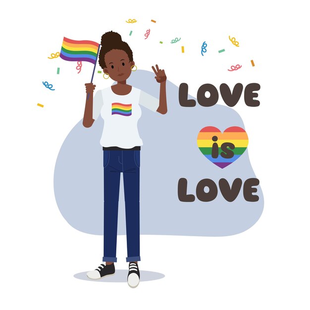 Una donna afroamericana tenere i segni con lgbt arcobaleno e bandiera transgender celebrare il mese dell'orgoglio dei diritti umani uguaglianza e omosessualità illustrazione del personaggio dei cartoni animati di vettore piatto