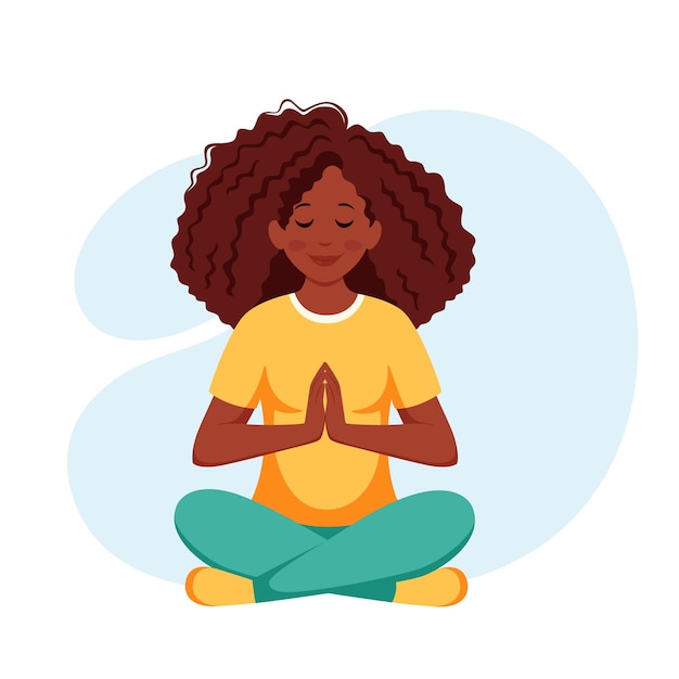 蓮華座で瞑想するアフリカ系アメリカ人女性健康的なライフスタイル