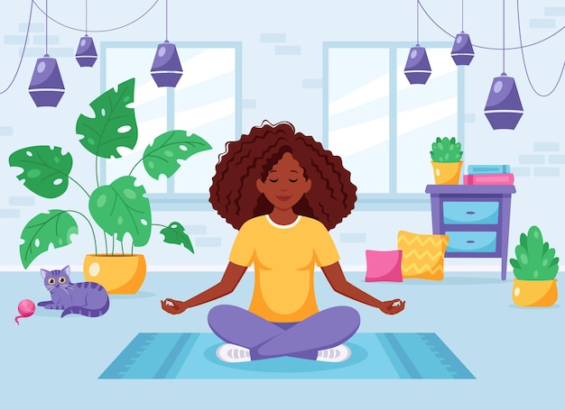 African american woman meditating in lotus pose in cozy modern interior