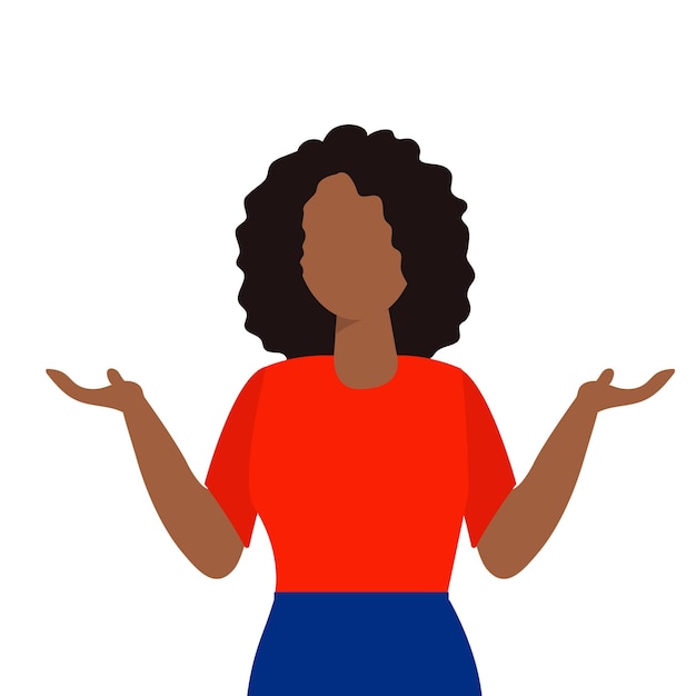 Vector african american woman in red t shirt shrug. say i don't know. say oops.