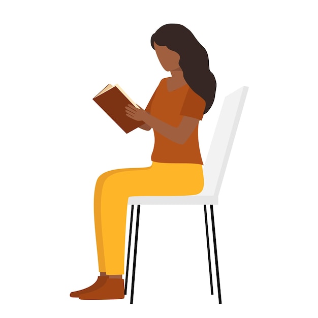 African American woman sitting on a chair and reading a book. Vector illustration. Study, back to sc