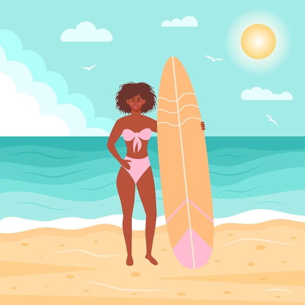 African american woman in swimsuit with surfboard on the beach Summertime seascape active sport