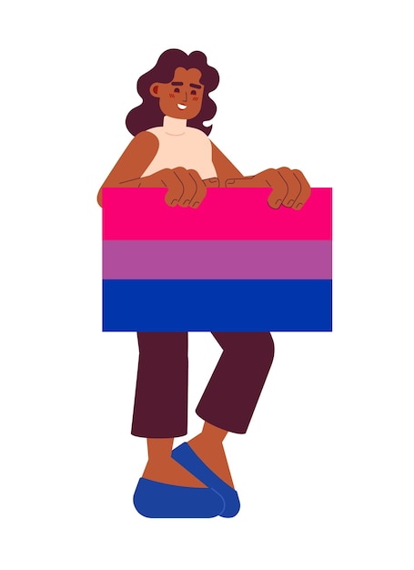 African american woman with bisexual pride flag semi flat color vector character Editable full body woman protest for equal rights on white Simple cartoon spot illustration for web graphic design