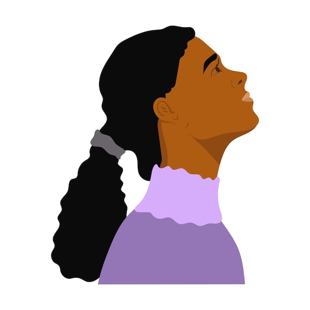 Donna afroamericana con vista laterale di profilo di capelli ricci scuri lunghi. femminismo uguaglianza dei diritti delle donne