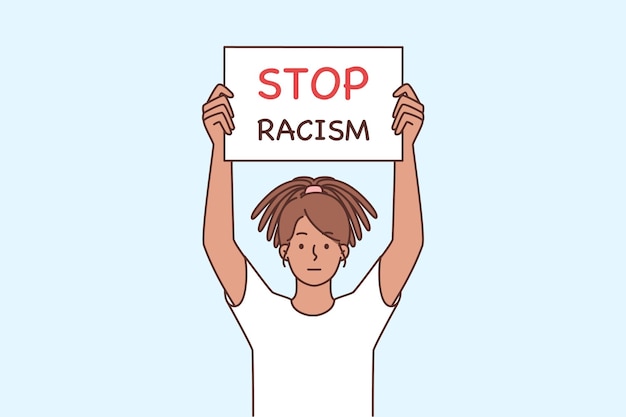 African American woman with poster against racial discrimination