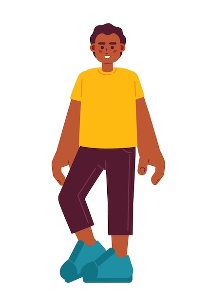 African american youngster standing semi flat color vector character Black preteen boy smiling Editable full body person on white Simple cartoon spot illustration for web graphic design