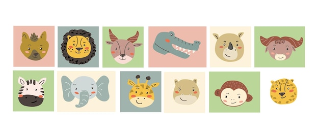 African animals faces set Cute doodle animals portraits