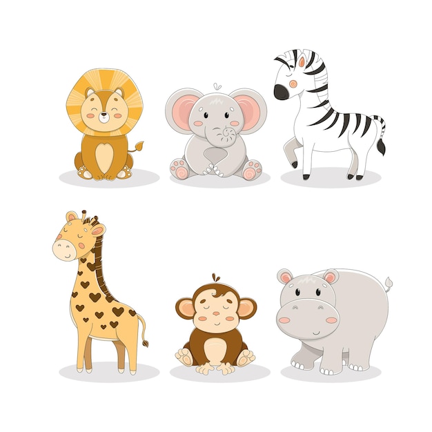 Vector african animals in flat style isolated on white background collection of cute cartoons lion