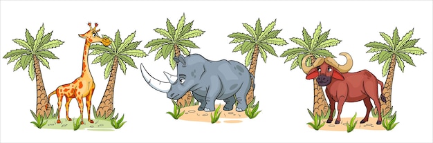 African animals. funny characters animals giraffe, rhino, buffalo with palms in cartoon style. children's illustration. vector collection.