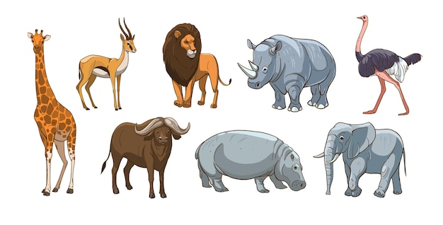 african animals lion elephant gazelle rhino cheetah antelopes set of vector sketch illustrations