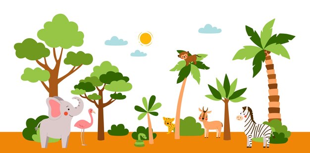 Vector african animals in safari horizontal banner tropical landscape with cute young characters