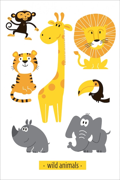 Африканские животные установлены. Мультфильм обезьяна, жираф, лев, бегемот, слон, тигр, тукан пират.