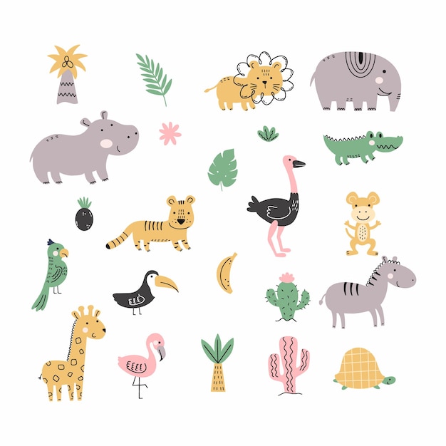 Vector african animals set of doodle elements stickers for nursery inhabitants savannah