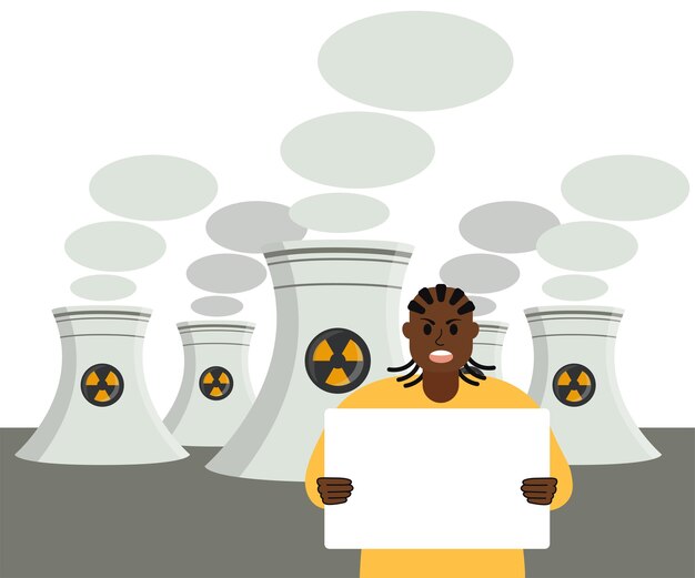 Африканский чернокожий мужчина гневно протестует с пустым плакатом на фоне атомных электростанций. энергия