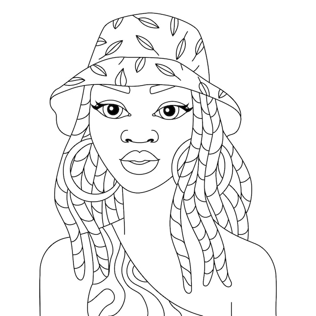 여름 모자 아프리카 소녀 벡터 색칠 일러스트와 함께 아프리카 흑인 여성 머리 띠 헤어 스타일