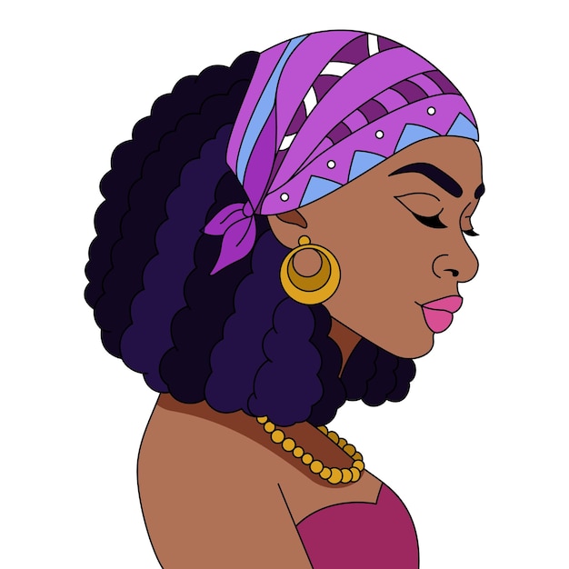 아프리카 흑인 여성 헤드 랩 스카프 두건 머리띠 헤어 스타일 아프리카 소녀 벡터 색칠 그림