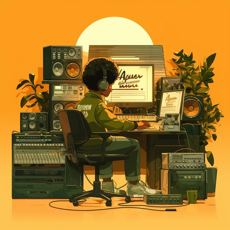 Vector african boy in his 40s building a computer