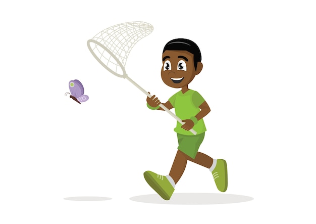 Vector african boy is running with butterfly.