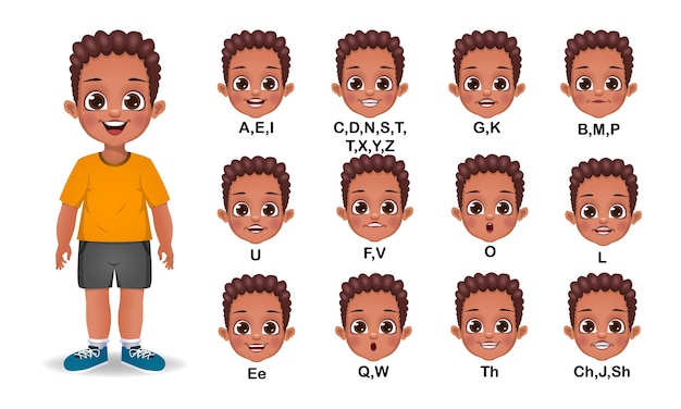 Vector african boy mouth animation and alphabet pronunciation set