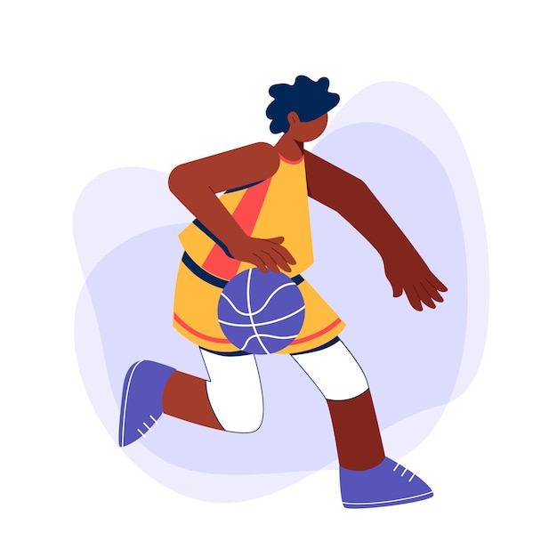 Vector african boy playing basketball and training dribbling.