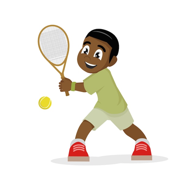 African boy playing tennis on a white background.