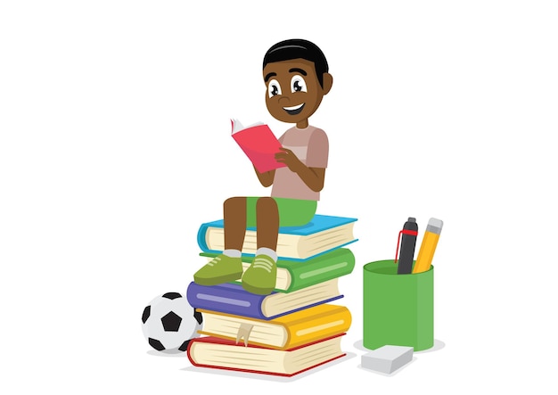 Vettore ragazzo africano che legge libri vettoriali eps10