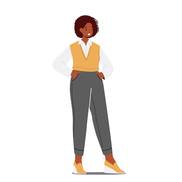 아프리카 비즈니스 여성 캐릭터는 흰색 배경에 고립 된 공식적인 의상 셔츠 니트 조끼와 회색 꽉 바지를 착용 자신감 관리자 코치 또는 교사 사람 만화 사람들 벡터 일러스트 레이 션