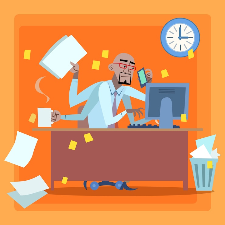 Vector african businessman loaded with work time management