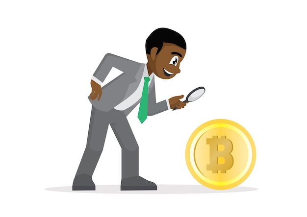 African businessman looking Bitcoin with magnifying glass.