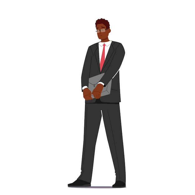 Vettore uomo d'affari africano personaggio maschile uomo singolo in abito formale camicia bianca e cravatta con valigetta in mani manager