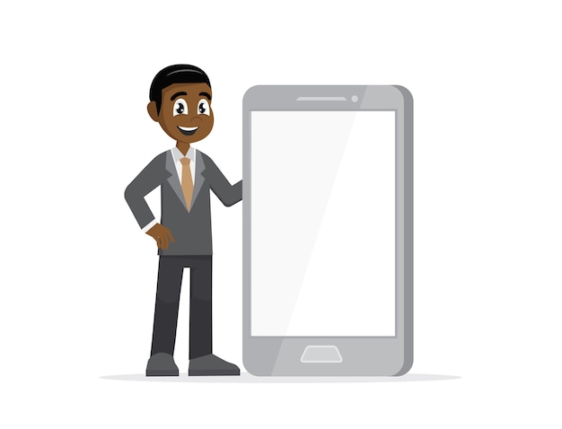 African businessman and smartphone with white screen.