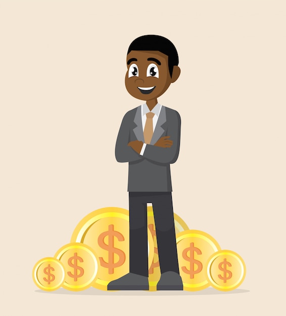 金貨と立っているアフリカの実業家。
