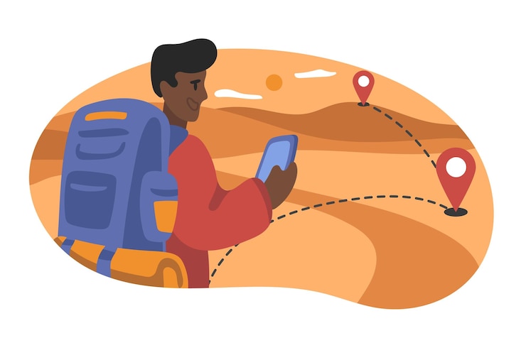 Vector african cartoon smiling guy makes route online on his phone discovering new places during travel summer vacation trip travel agency tour adventure tourist and traveler vector