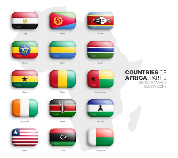 African Countries Flags Vector 3D Rounded Glossy Icons Set Isolate On White