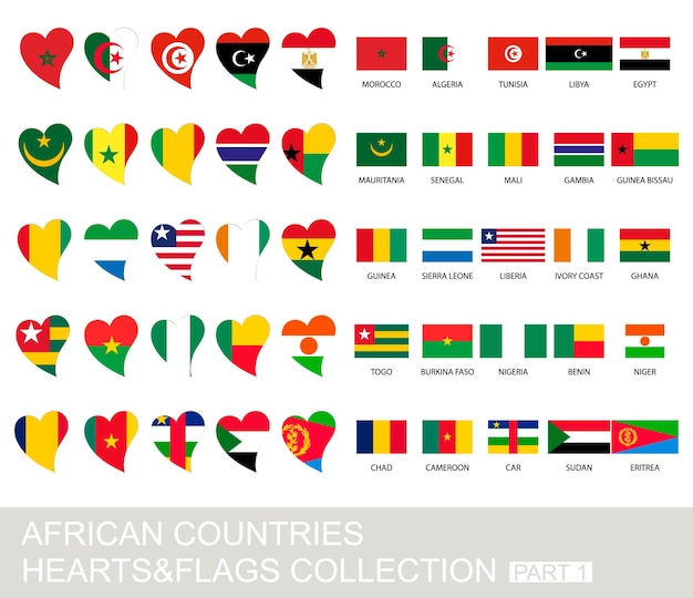 African countries set, hearts and flags, 2  version, part 1