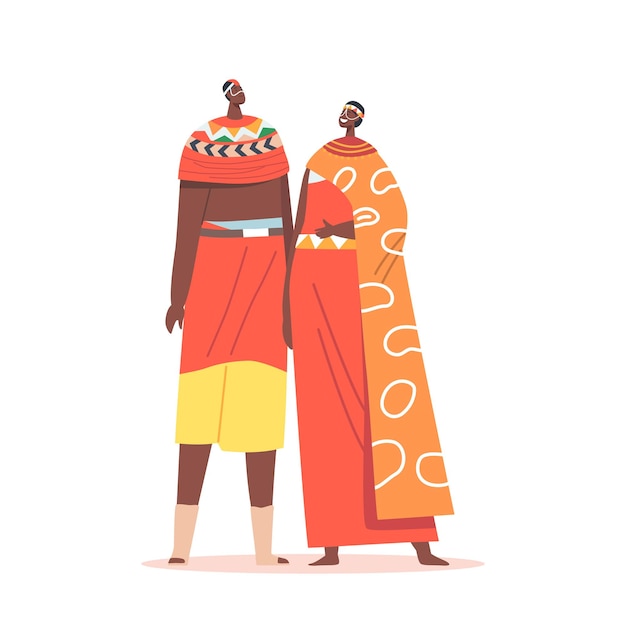 Vector african couple man and woman wear traditional clothes isolated on white background tribal male and female characters wear colorful dress smiling people with dark skin cartoon vector illustration