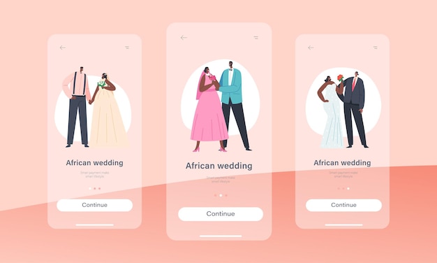 Modello di schermo integrato della pagina dell'app mobile per la cerimonia di matrimonio delle coppie africane matrimonio nero contemporaneo dello sposo e della sposa