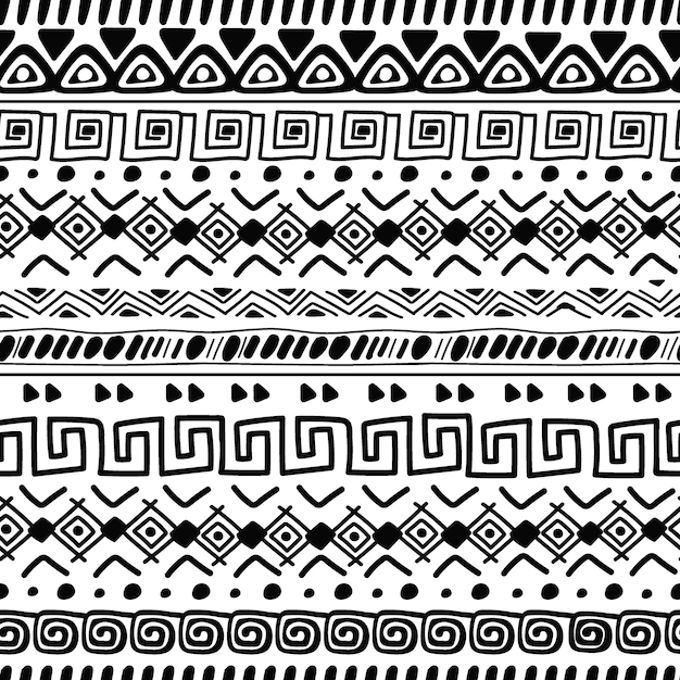 Vettore motivo decorativo africano ornamento tribale tiki design etnico sfondo nero messicano nativo stampa maya doodle geometrico decente trama senza cuciture