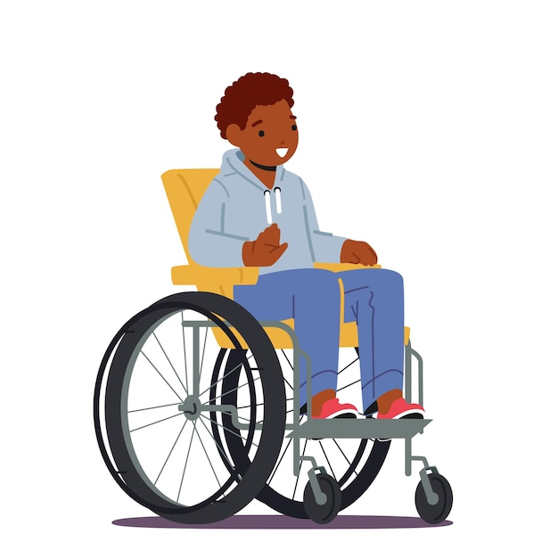 白い背景で隔離の車椅子に座っているアフリカの障害のある少年子供キャラクター障害麻痺した人