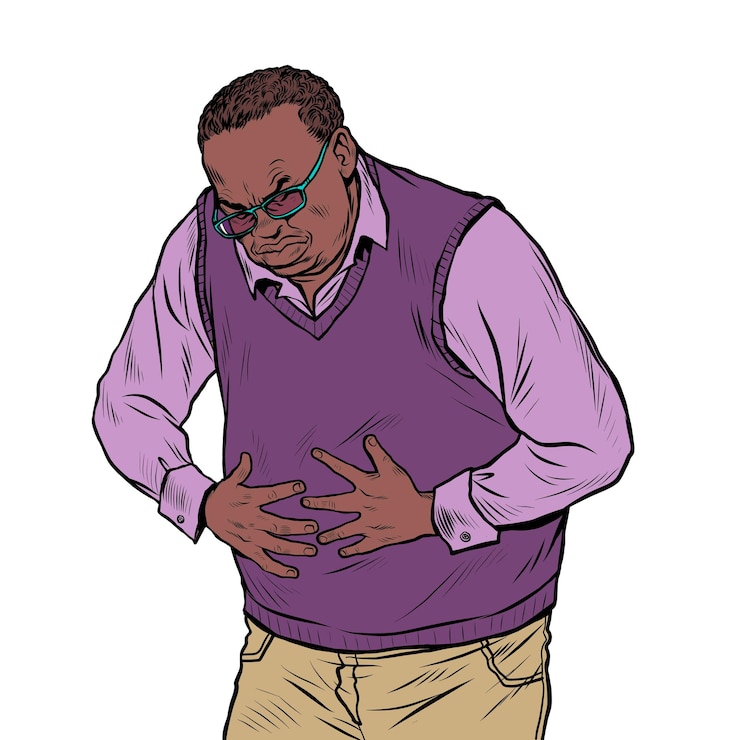Vector african elderly man abdominal pain diseases of the stomach intestines or other internal organs