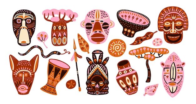 African elements Ethnic totem faces Traditional masks and drums Decorative items Cultural symbols Patterned ceramics and tribe weapons Aborigine vases or baobab tree Classy vector Indians set