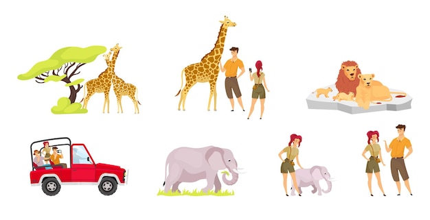 Vector african expedition flat set. pair of giraffes near tree. tourist group in car.