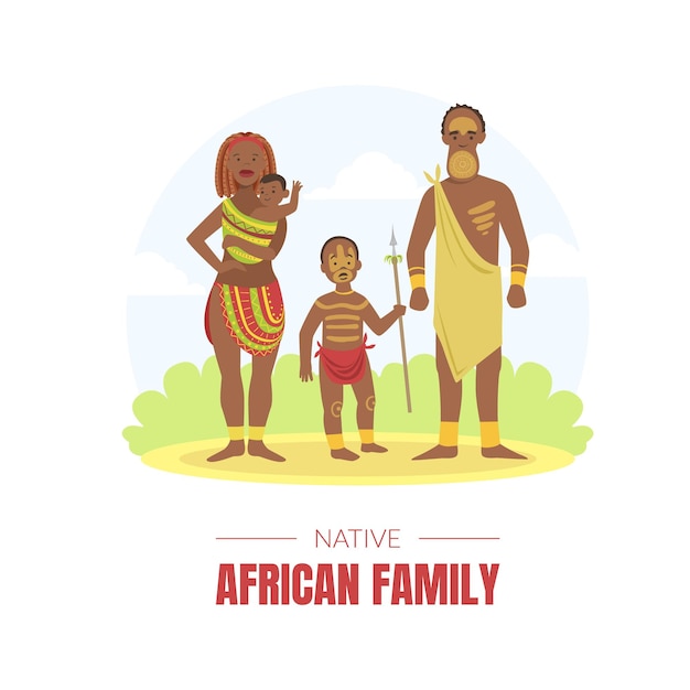 African Family Banner Template Young Man Woman and Kids in Traditional National Clothes Vector illustration