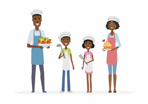 African family cooking - cartoon people characters isolated illustration on white background. Young smiling parents with children standing, wearing chefs outfit and hats, holding dishes and cutlery